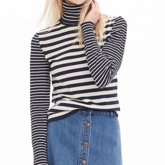 Banana Republic Cotton Cashmere Striped Casual Turtleneck Cream Blue Sweater S - Picture 2 of 2